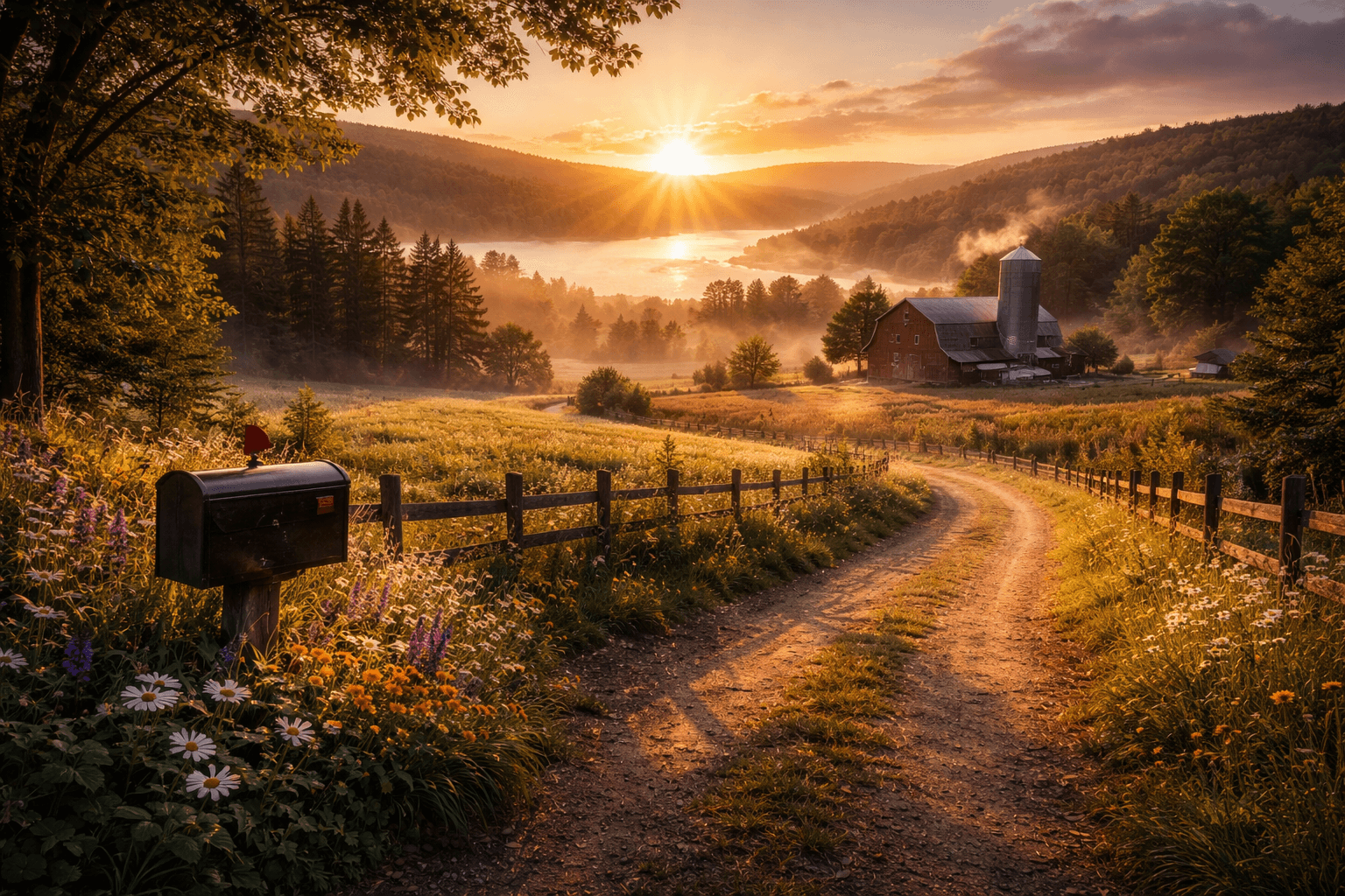 Finger Lakes pastoral sunrise farmroad