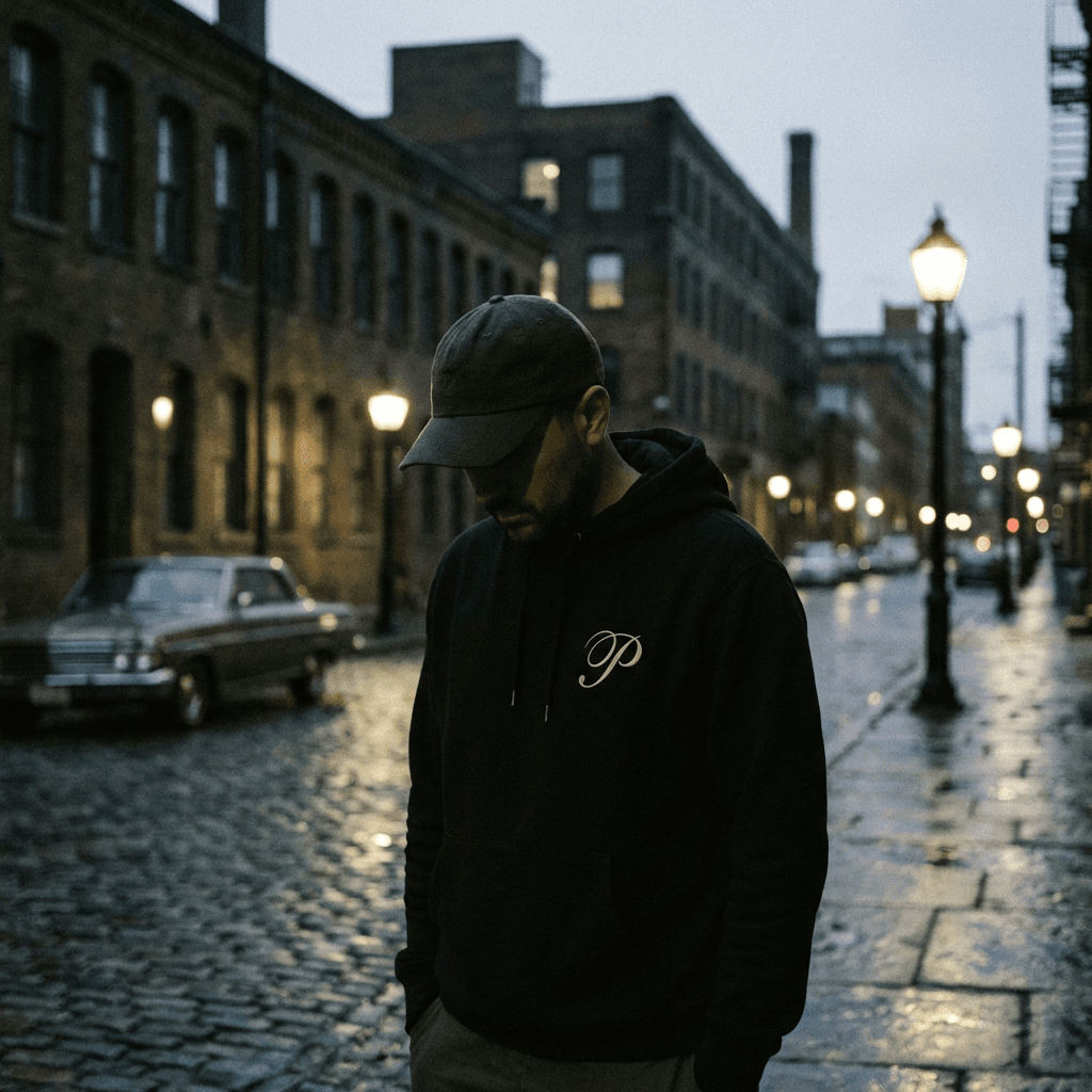 Model on cobblestone street at dusk