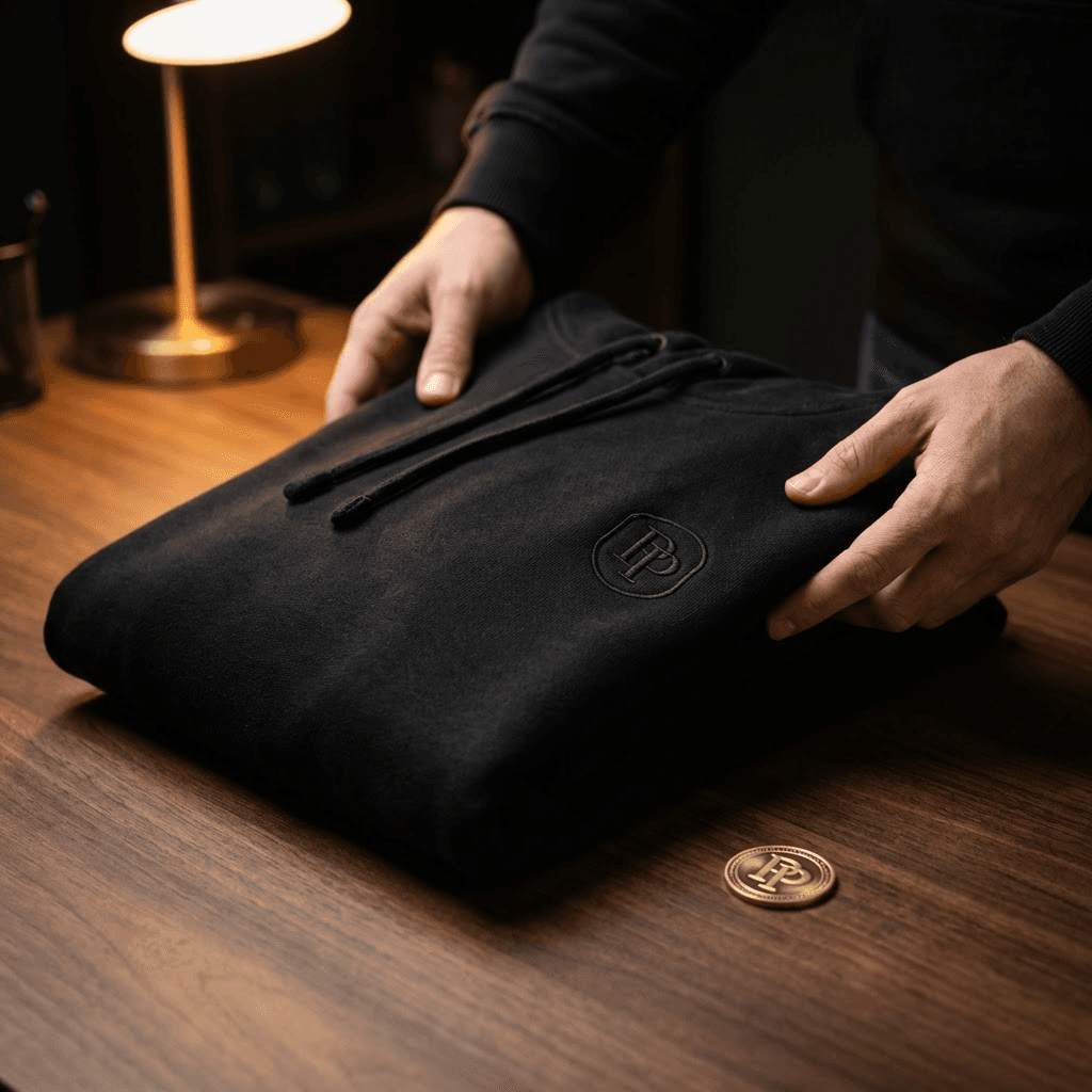 Black hoodie, folding hands at desk