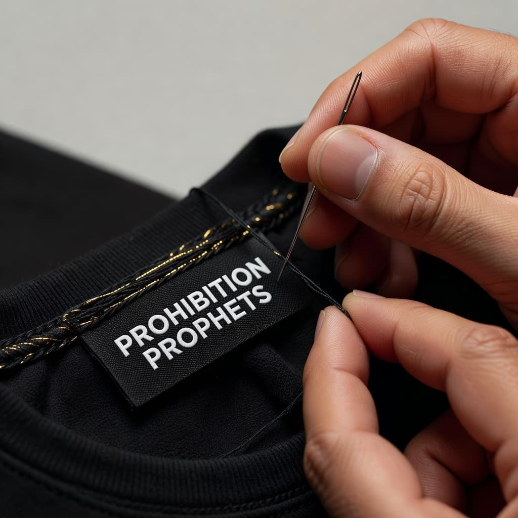 Woven label hand-sewing detail