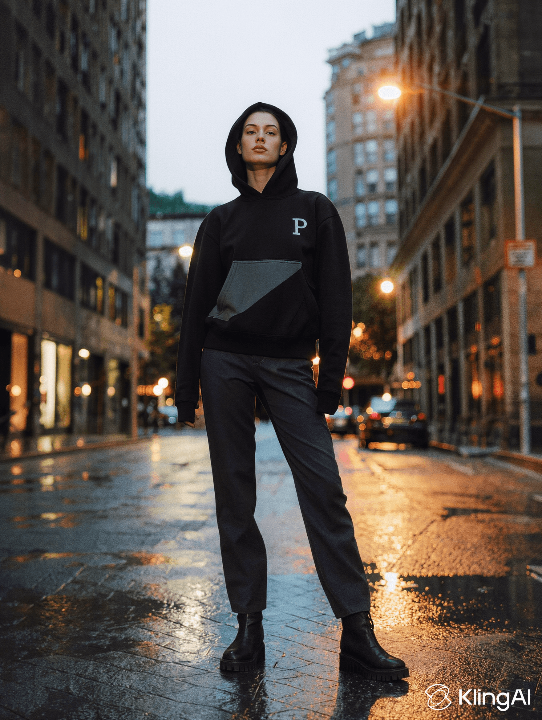Female model in PP hoodie, rainy city at night