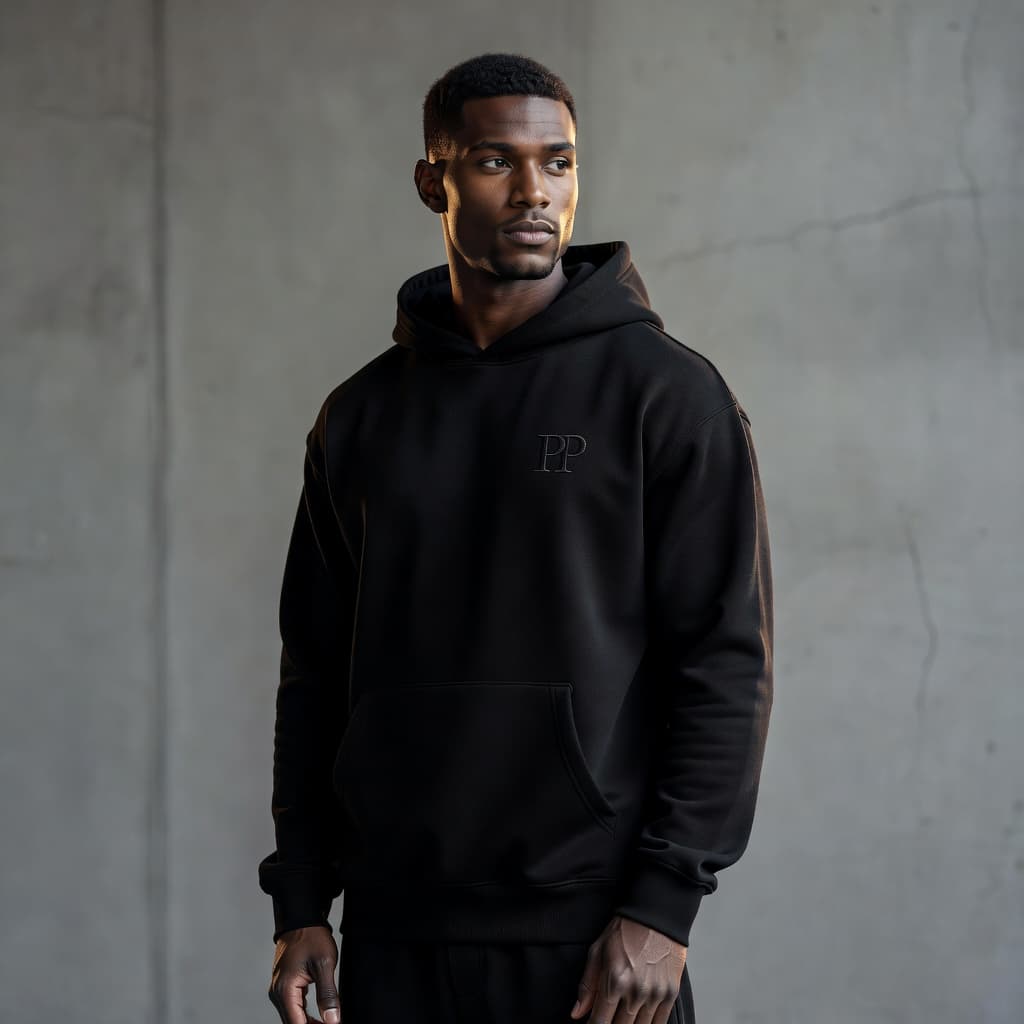 Black hoodie on model against concrete wall