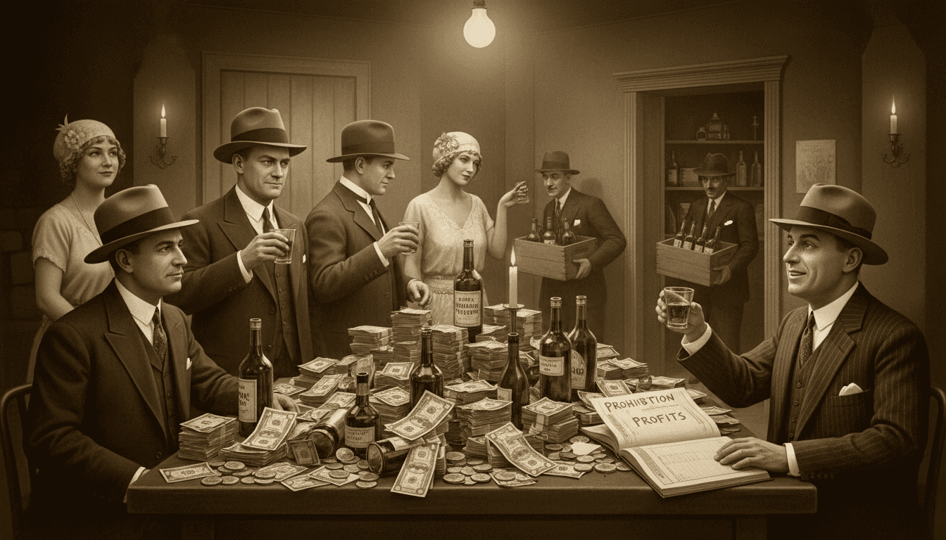 Prohibition-era speakeasy scene, sepia