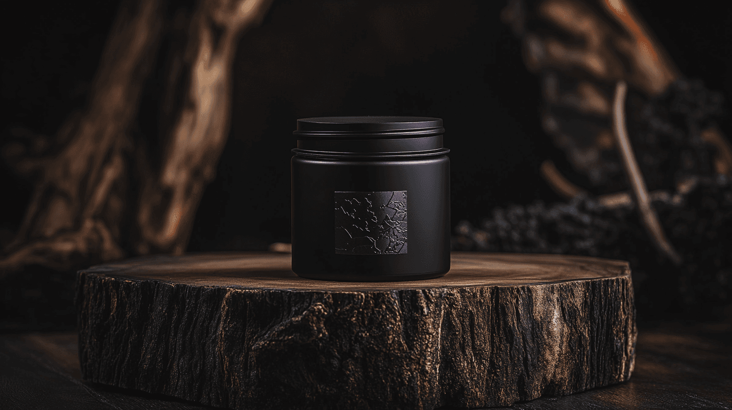 Matte black packaging jar macro shot